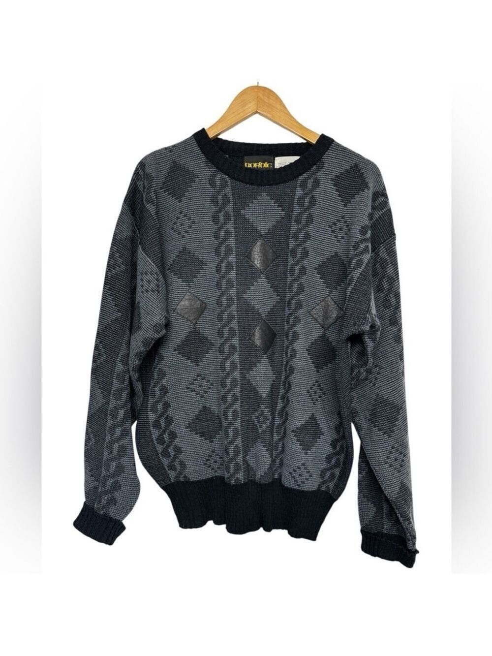 Vintage Nordic Sweater Geometric Knit 80s 90s Black Gray XL